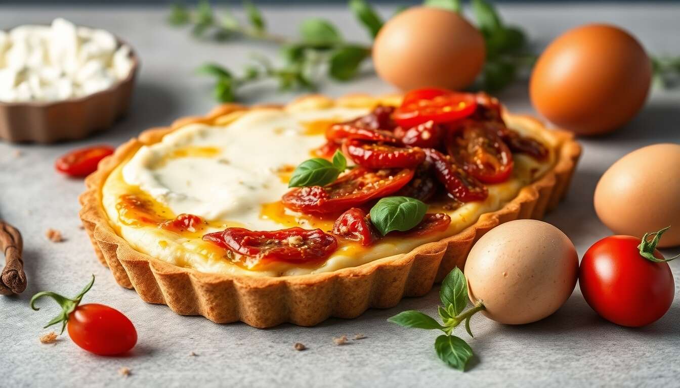 Tarte au chèvre, tomates et pesto rouge sur pâte de seigle