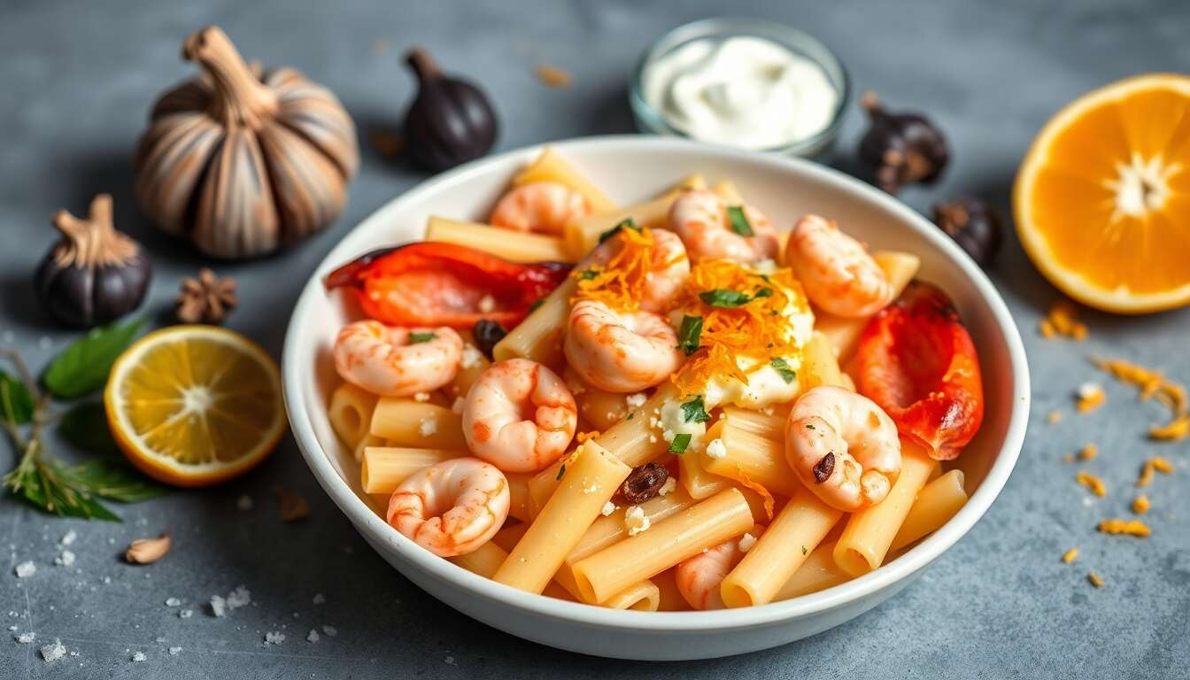 Rigatoni à la crème de langoustines, ail noir et zestes d'orange : une recette gourmande