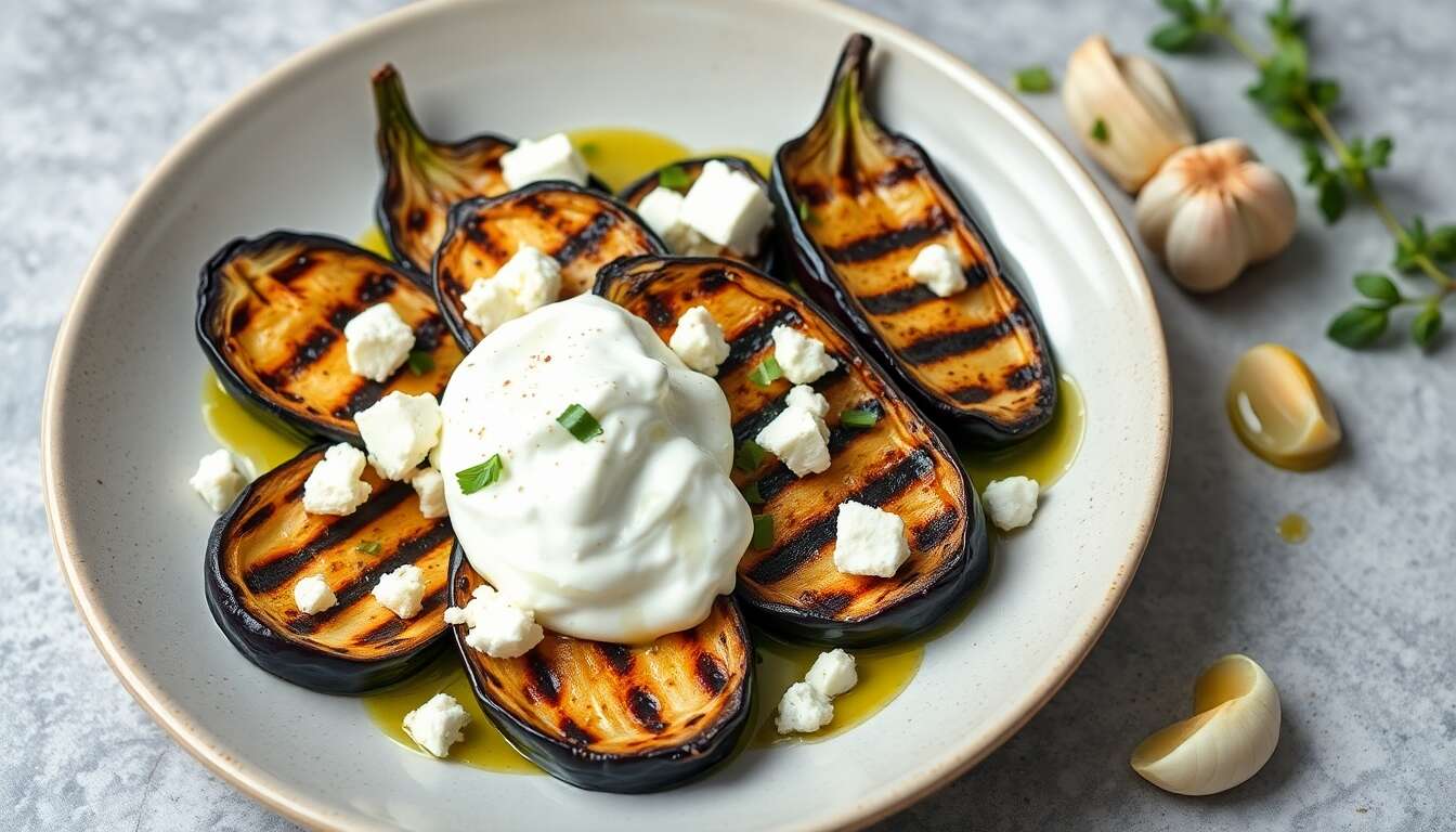 Aubergines grillées : recette de sauce feta, yaourt et tahiné