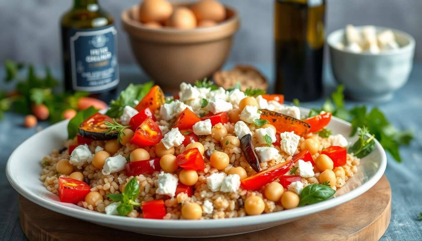 Salade d'épeautre, pois chiches, poivrons grillés et feta : recette gourmande