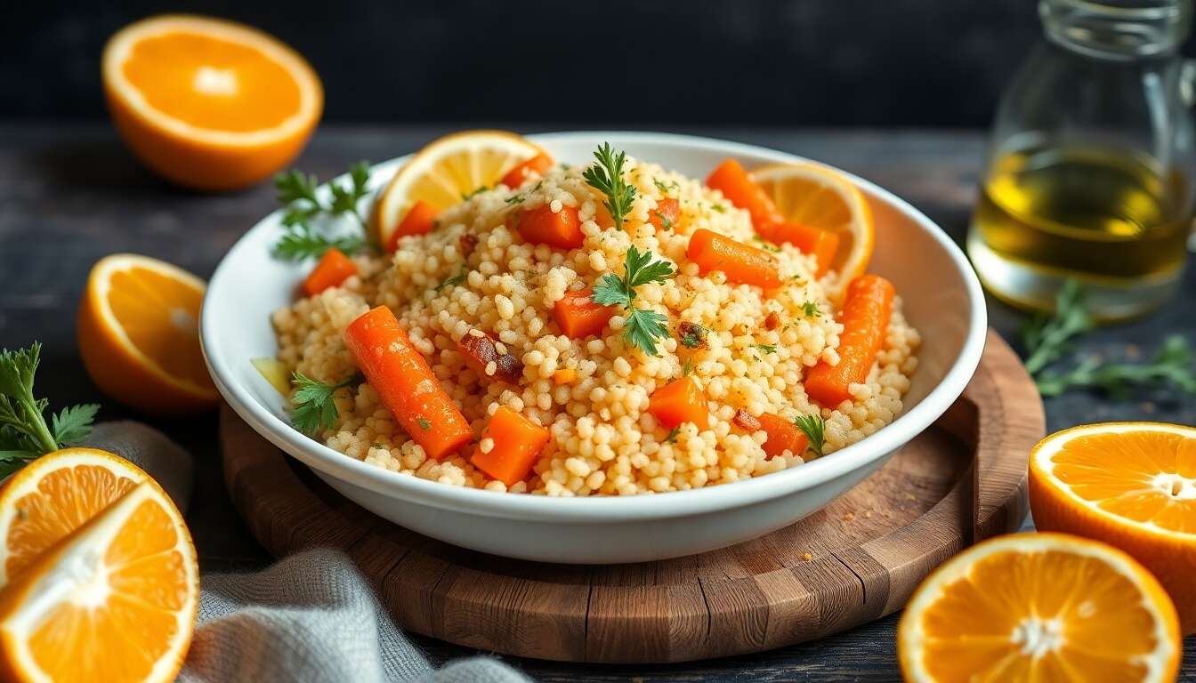 Salade de semoule Mhamza, carotte et fenouil : vinaigrette orientale à l'orange