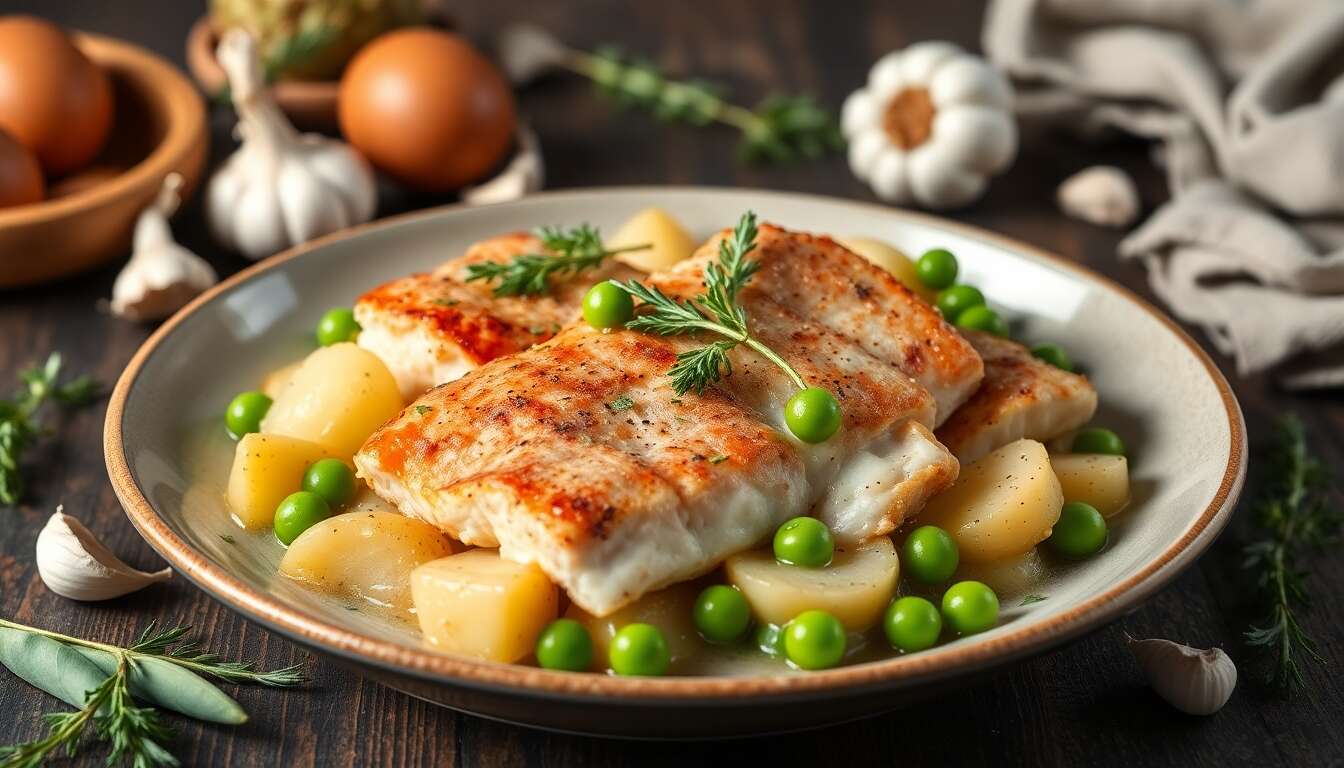 Recette : filets de grondin rouge à l'ail, pommes de terre fondantes, petits pois et artichauts poivrade