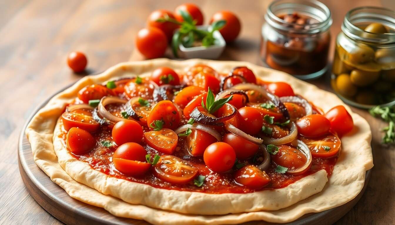 Recette de tarte aux tomates, oignons confits et tapenade d'olives vertes
