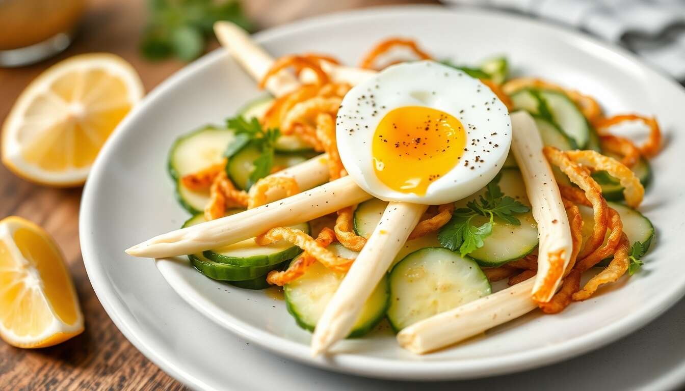 Salade d'asperges blanches : recette avec concombre, œufs et ventrèche croustillante