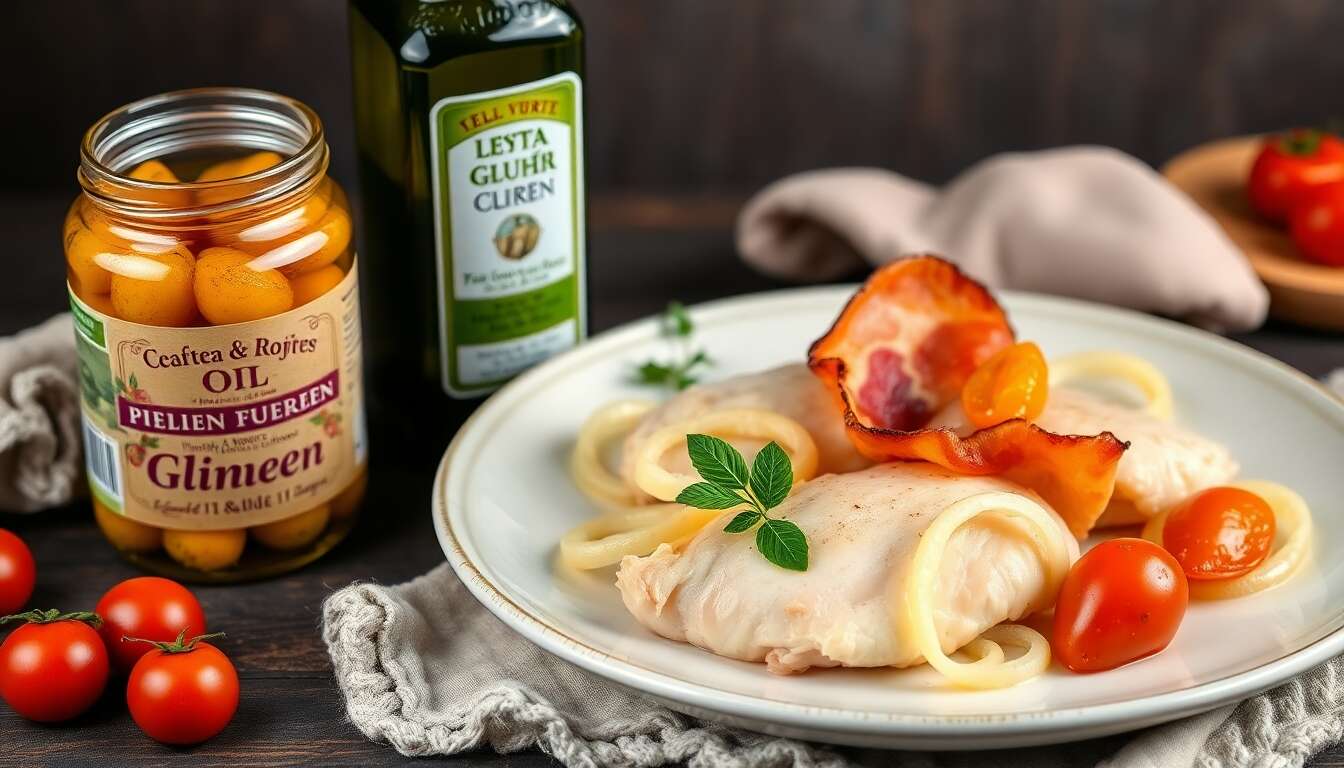 Filet de poulet au lard fumé, oignons et tomates vinaigrées : recette savoureuse