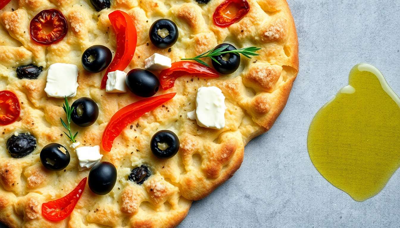 Focaccia aux légumes confits, feta et olives noires : recette savoureuse
