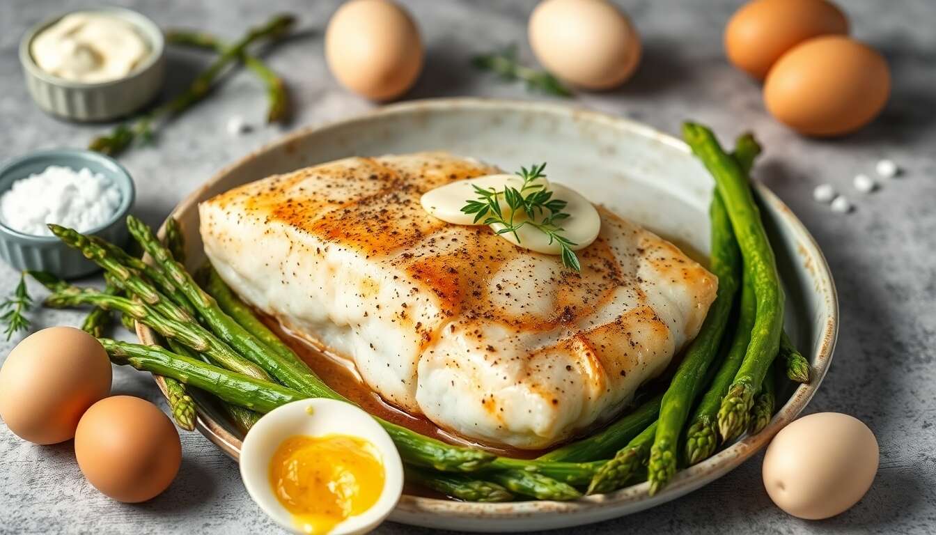 Turbot au four : recette gourmande avec asperges de Malines et mayo miso