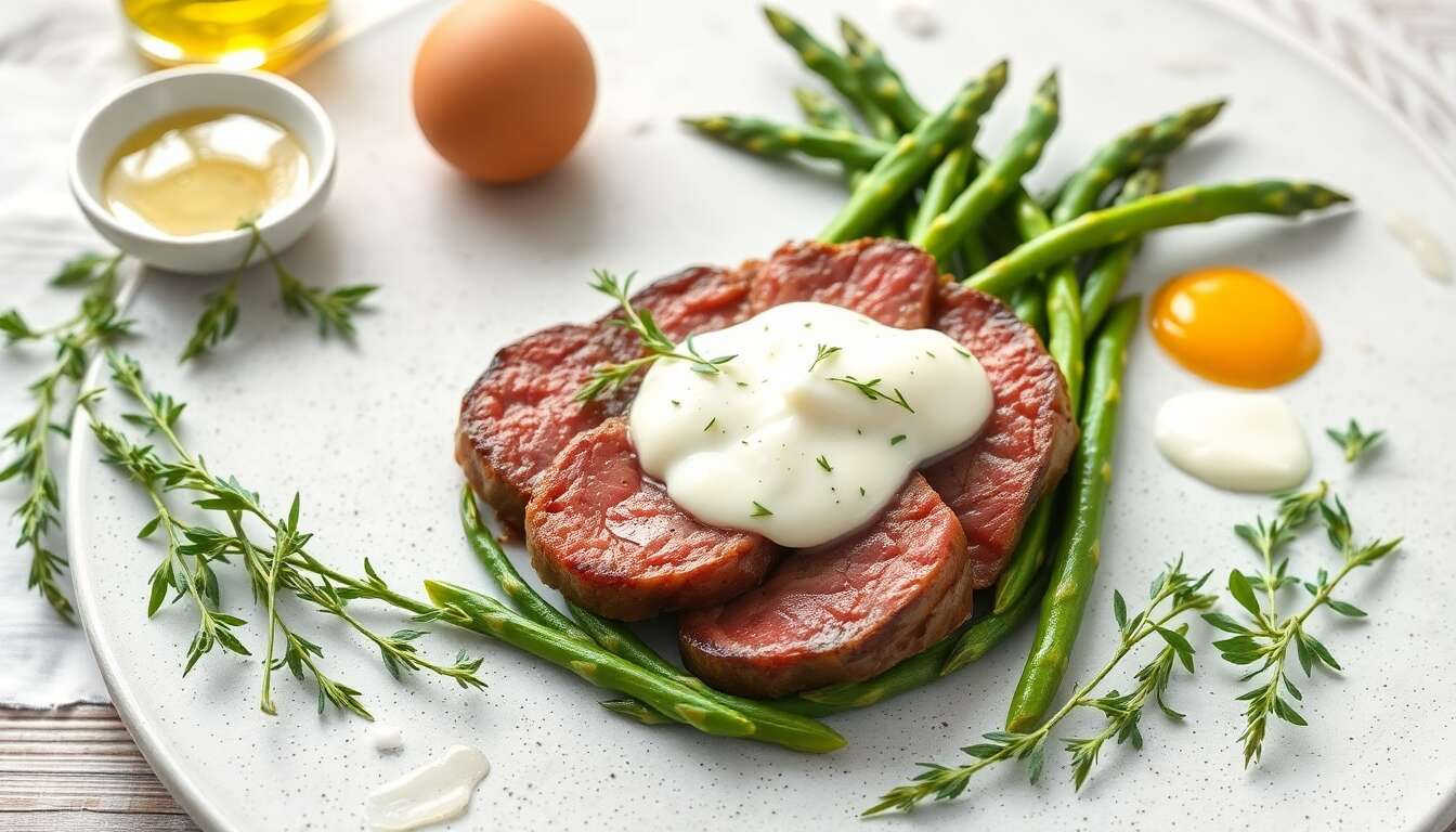 Tagliata de boeuf : recette avec asperges vertes et crèmeux de pourpier d'hiver