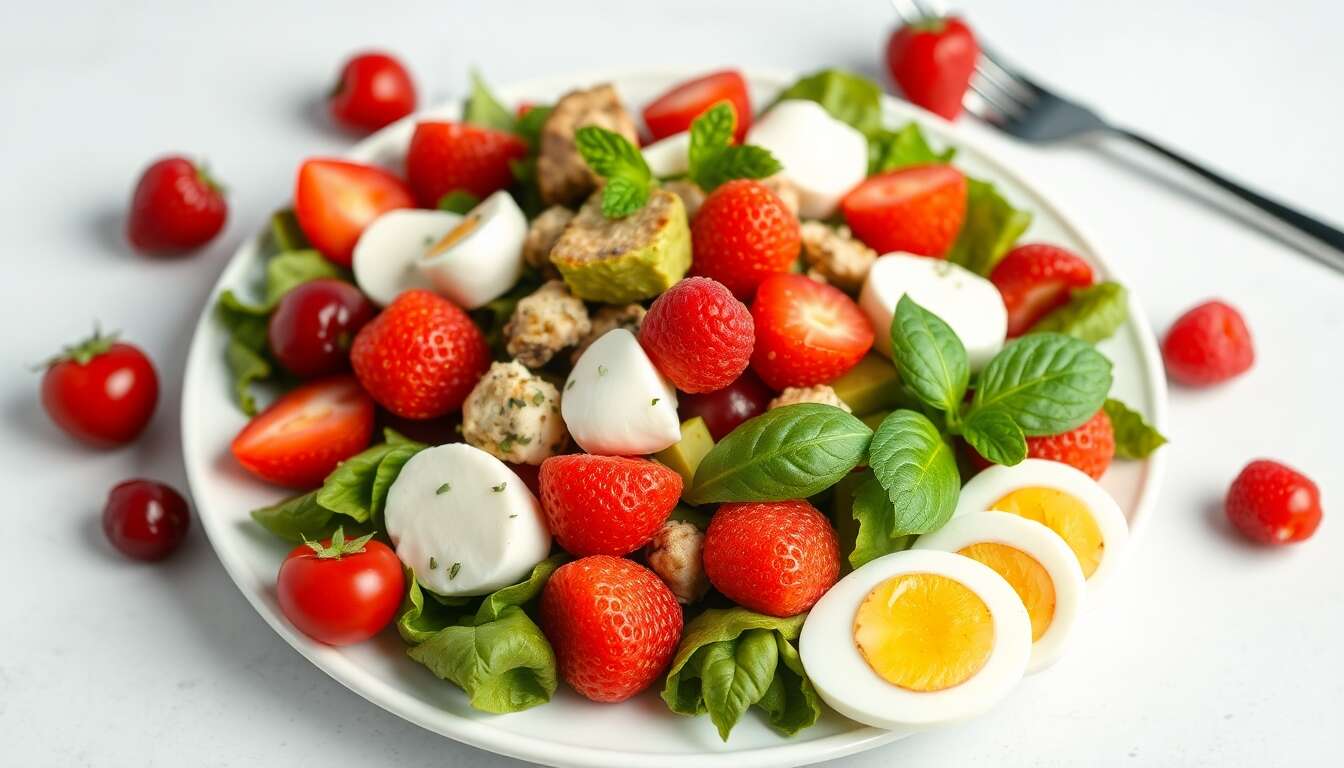 Salade de tomates, fraises, framboises : guacamole, mozzarella et maquereau fumé