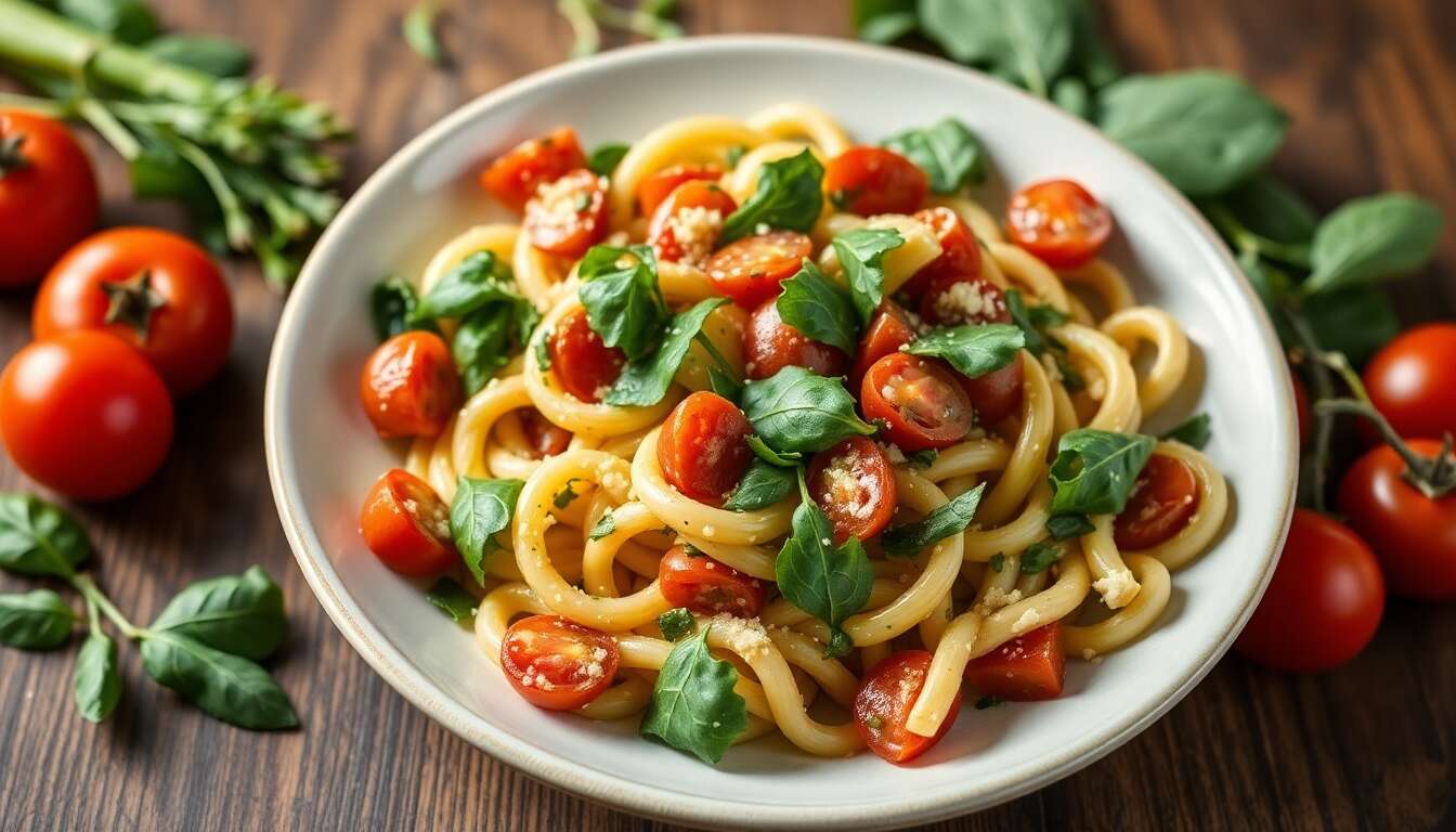 Orecchiette au pesto : asperges vertes, roquette et tomates cerises