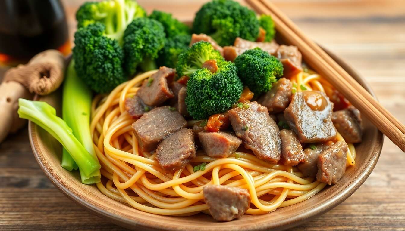 Nouilles sautées au bœuf, brocoli et chou chinois : recette savoureuse