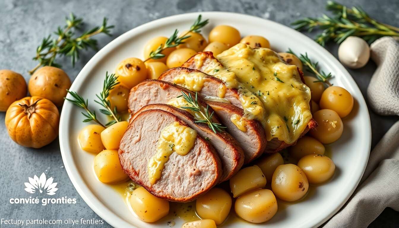 Recette de filet de porc au gratin d'oignons des Cévennes et grenailles
