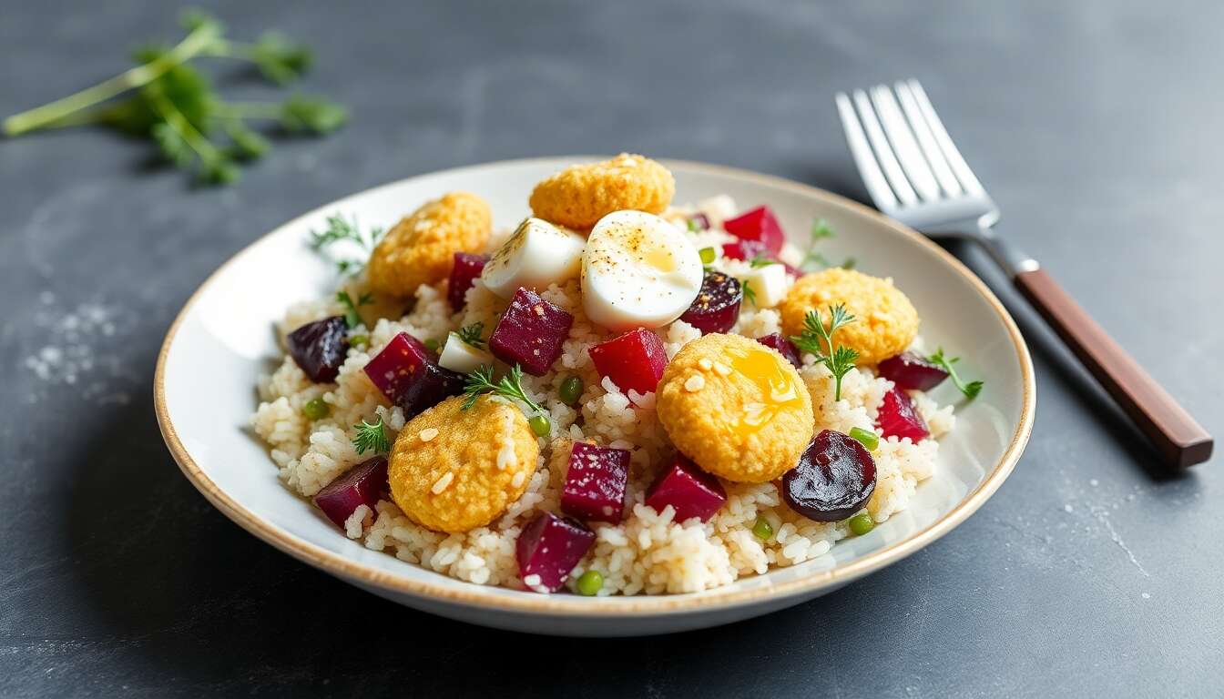 Salade de riz : betterave, chou-rave braisé et croquettes de chèvre frais