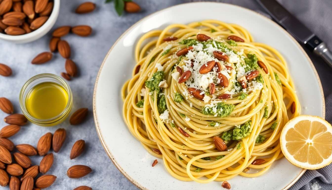 Spaghetti au pesto d'amandes fumées : recette savoureuse au citron, pignons et parmesan