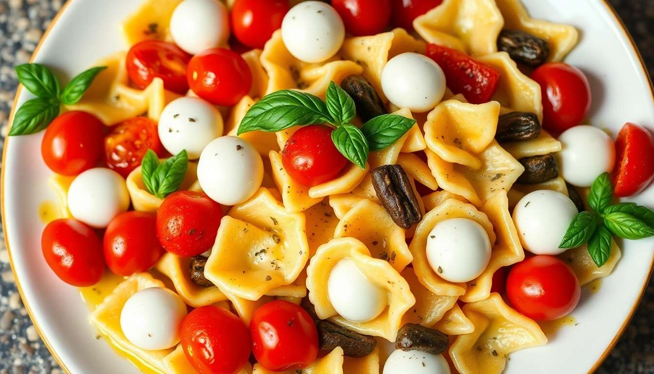 Farfalle froides aux tomates cerises, courgette, mozzarella et anchois