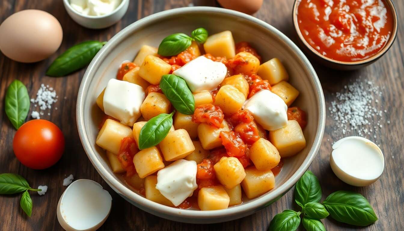 Gratin de gnocchi tomate basilic : crème de Burrata, gorgonzola et noisettes