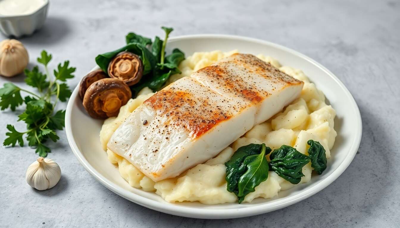 Recette : dos d'aiglefin, purée de pommes de terre et épinards à l'ail avec pleurotes au shiso miso