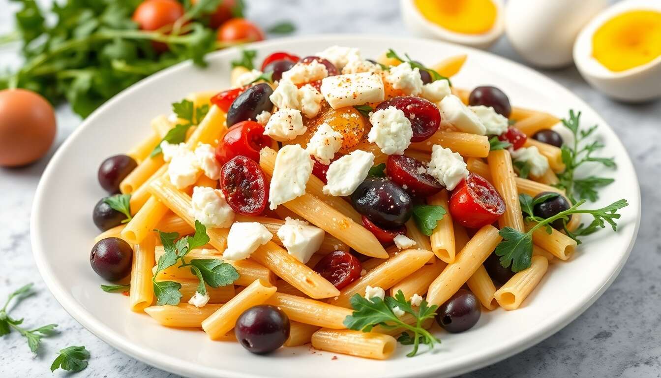 Salade de pâtes grecques tiède : légumes, harissa, chèvre et roquette