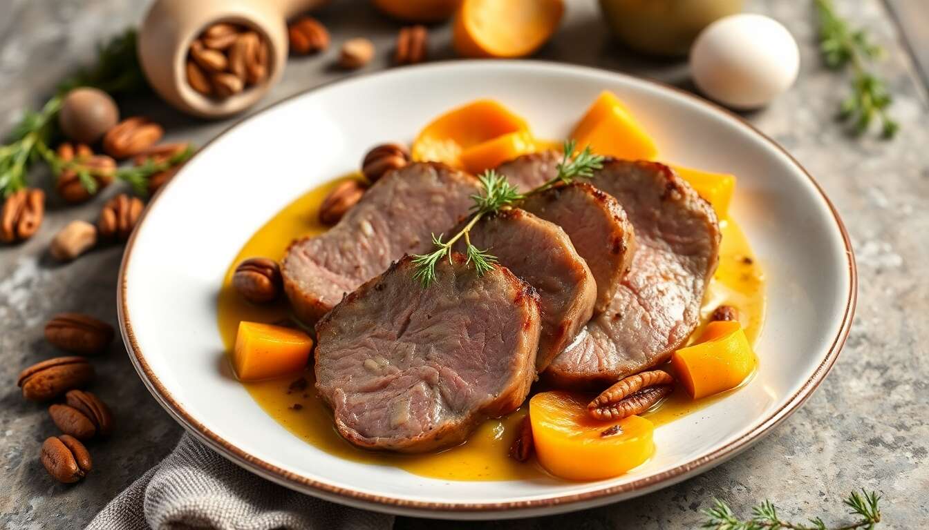 Filet d'agneau : recette au pralin de cèpes et butternut rôti