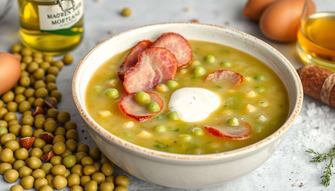 Recette du potage aux pois cassés, lard fumé et saucisse de Morteau