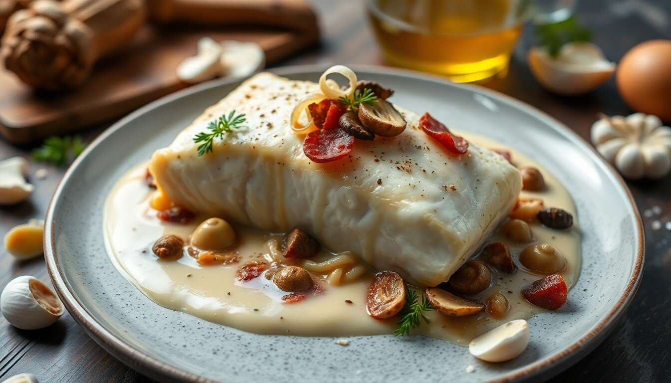 Dos de cabillaud rôti, crème de topinambours et sauce au vin rouge : délice aux girolles et finocchiona