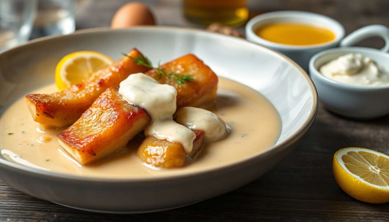 Jambonneaux confits à l'Orval et miel de Gaume, salsifis sauce blanche citronnée