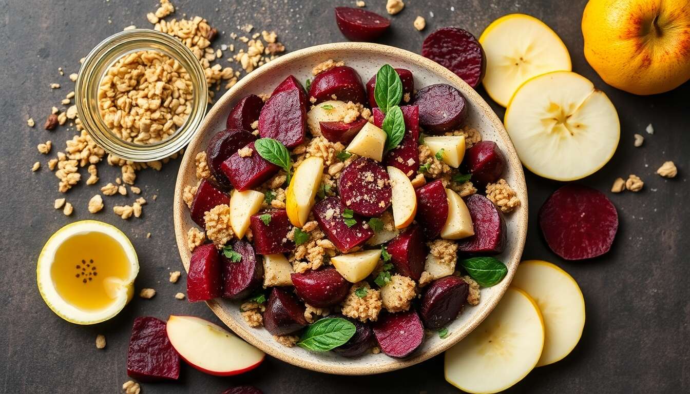 Salade de blé : fenouil, betteraves et pommes à la vinaigrette citron-balsamique
