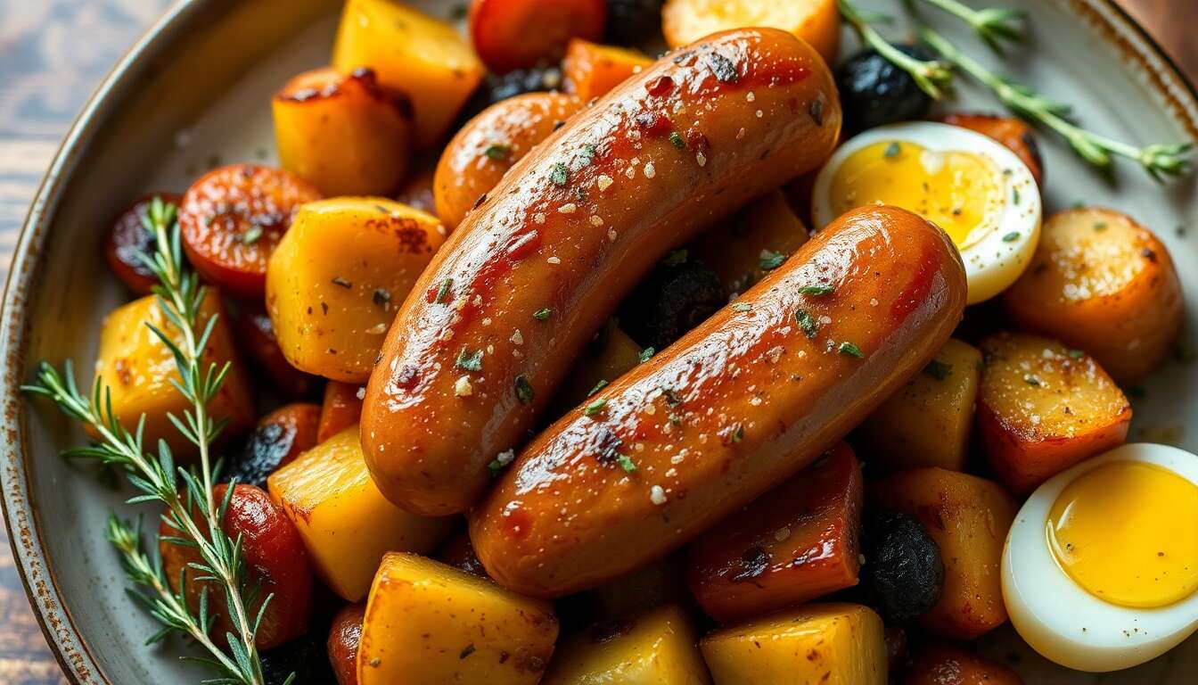 Recette : légumes confits, grenailles rôties et saucisse italienne au fenouil