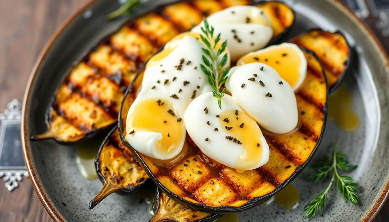 Aubergines grillées laquées : recette au maquereau mariné et burrata