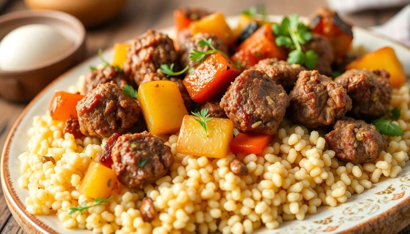 Recette : kefta d'agneau et bœuf aux légumes confits au four avec semoule