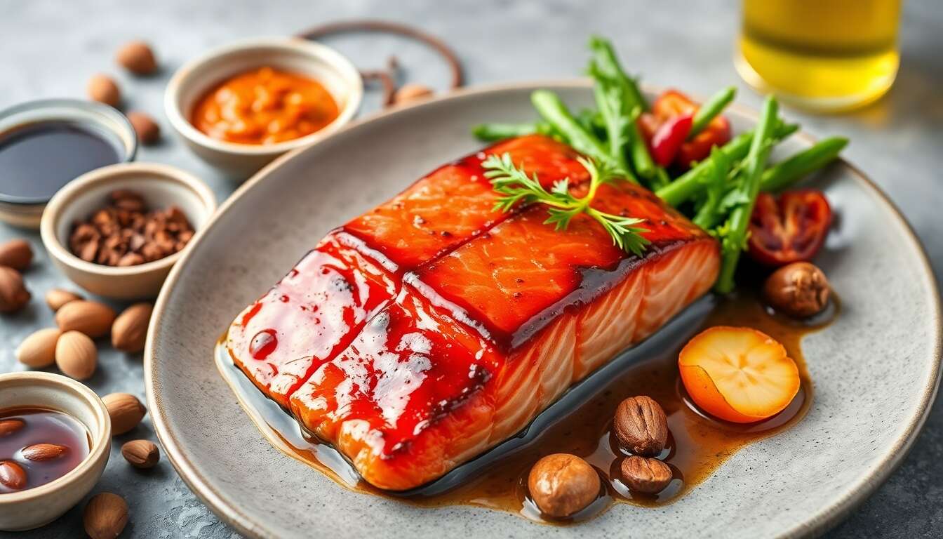 Saumon laqué à la japonaise : pommade romesco et légumes grillés