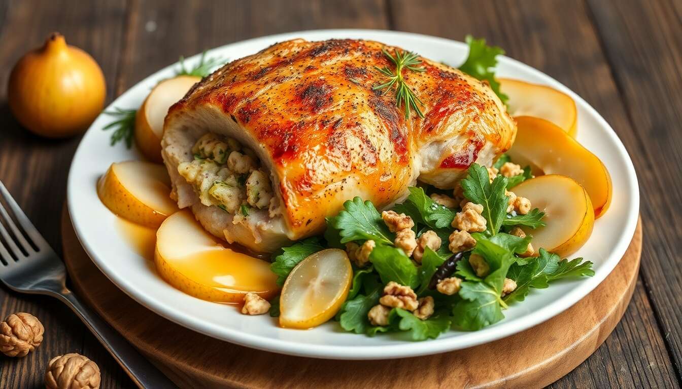 Poulet farci au Bleu du Larzac et salade de poires