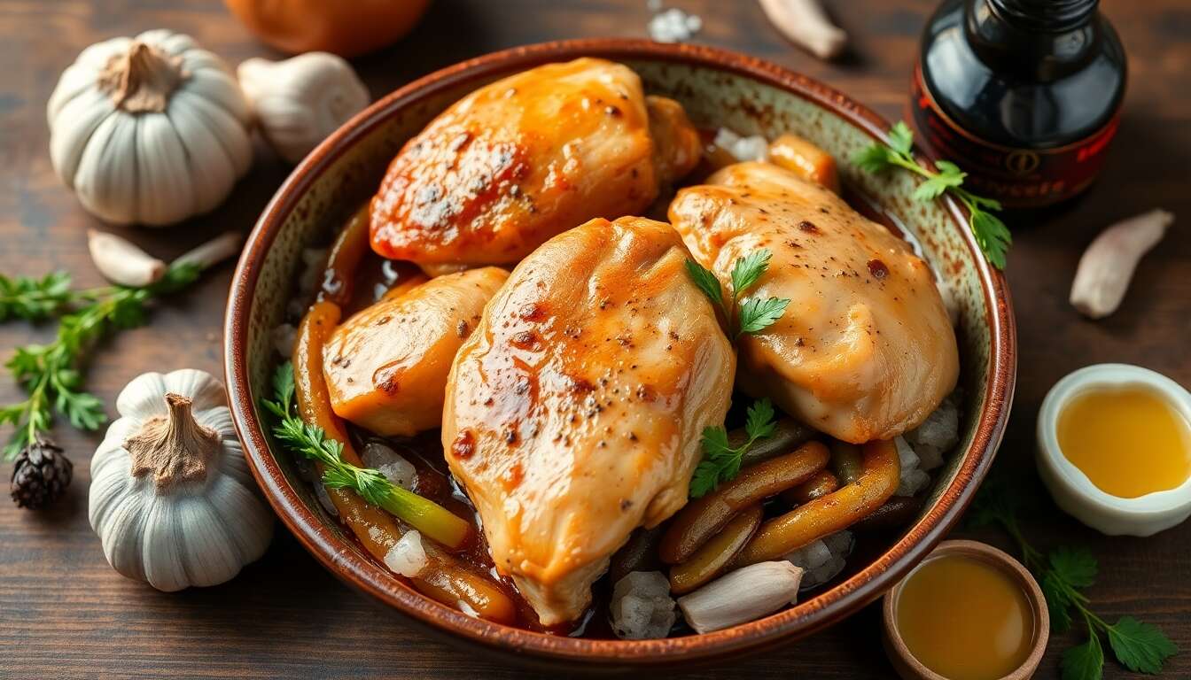 Recette : hauts de cuisses de poulet marinées, pleurotes, fèves des marais et sauce à l'ail noir