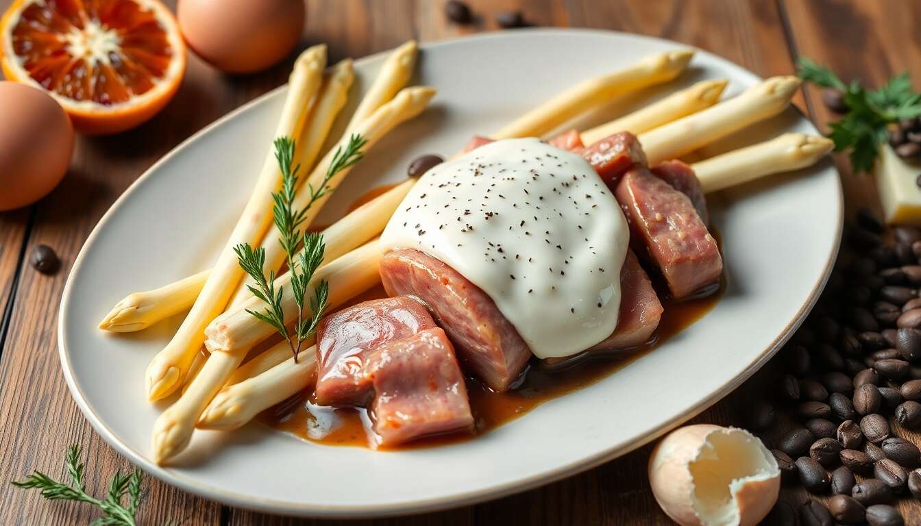 Asperges blanches de Malines, sauce maltaise et ris de veau laqué au café