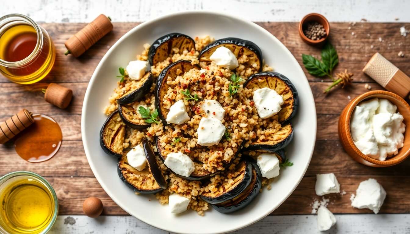 Aubergine rôtie : salade de boulgour au yaourt grec et chèvre frais