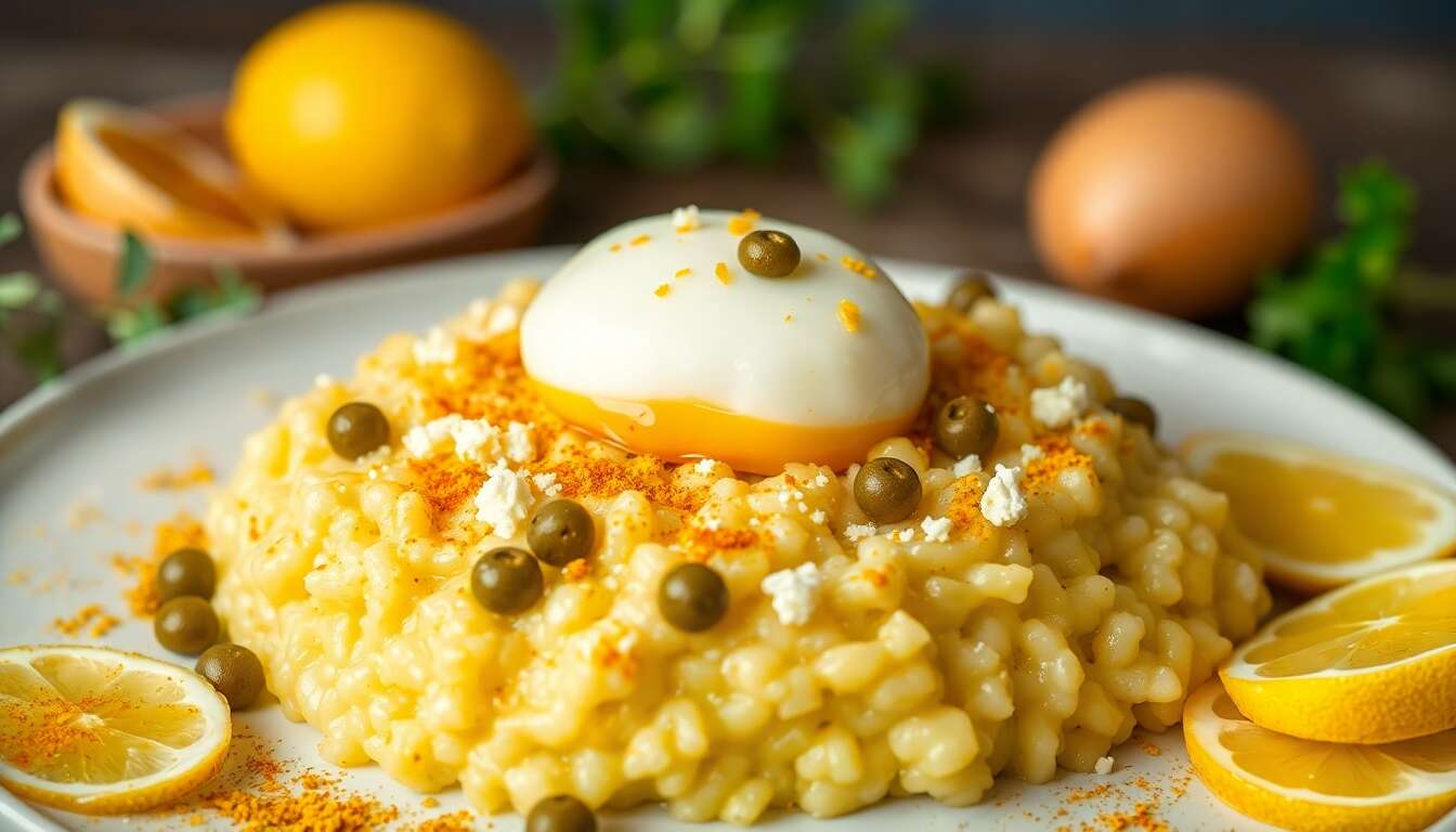 Risotto au chou-fleur grillé : curcuma, câpres et citron avec œuf mollet