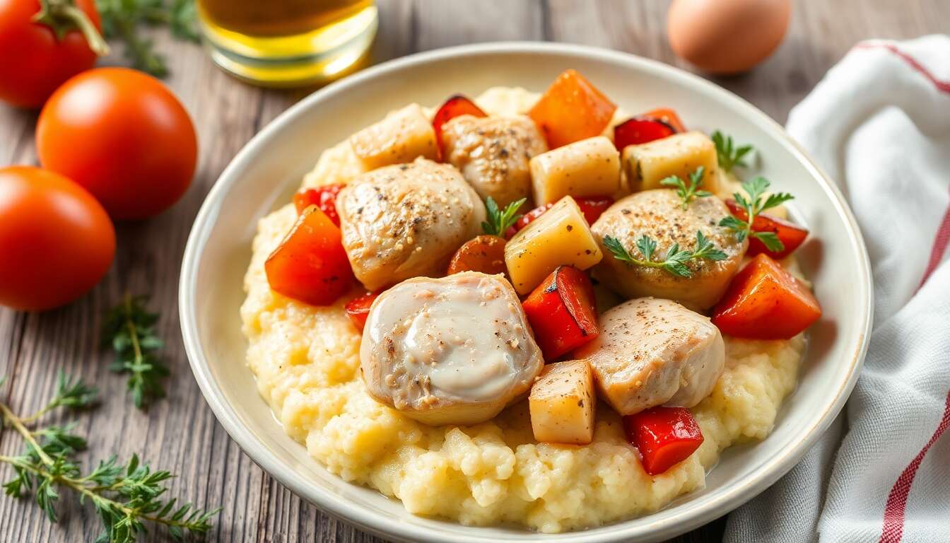 Cocotte de poulet aux artichauts et poivrons : recette avec polenta au parmesan