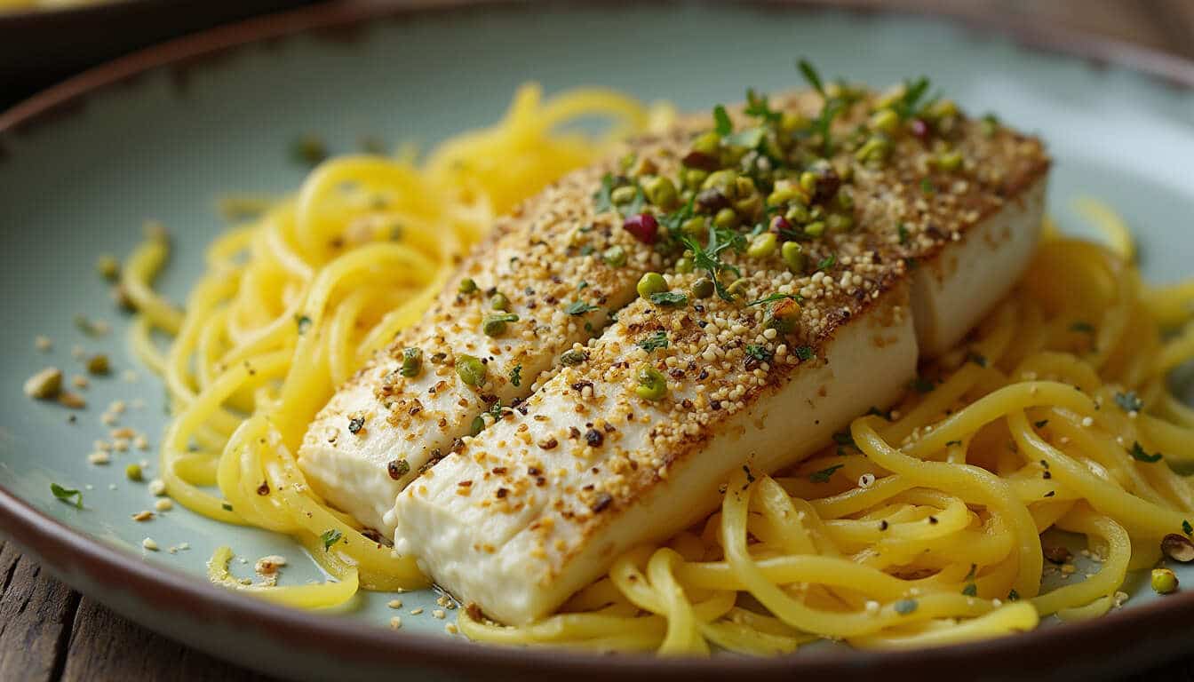 Bar en croûte sésame-pavot-pistache avec courge spaghetti et crème de Comté