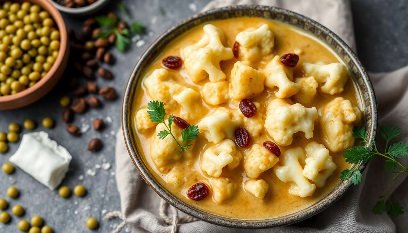 Curry crémeux de chou-fleur : recette aux lentilles vertes et raisins secs