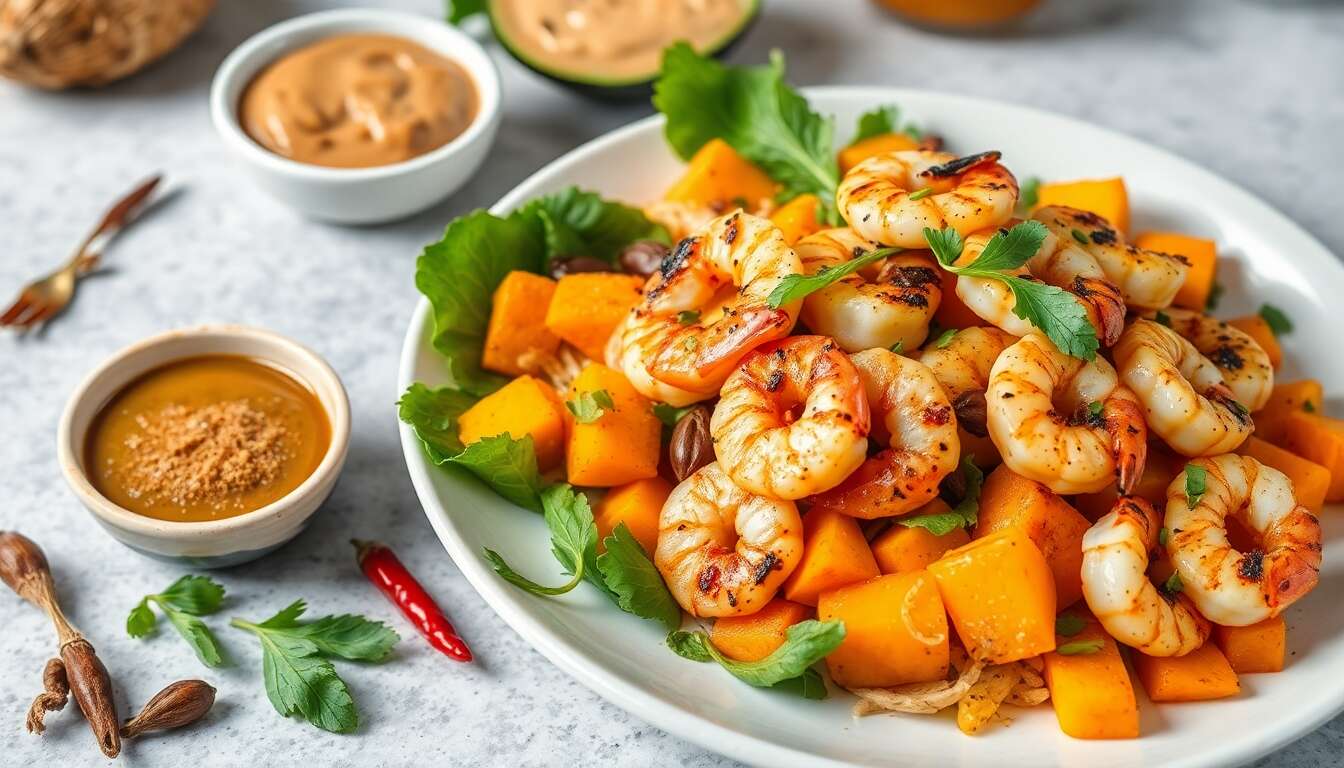 Salade exotique : patates douces, mangue et crevettes grillées au dressing thaï