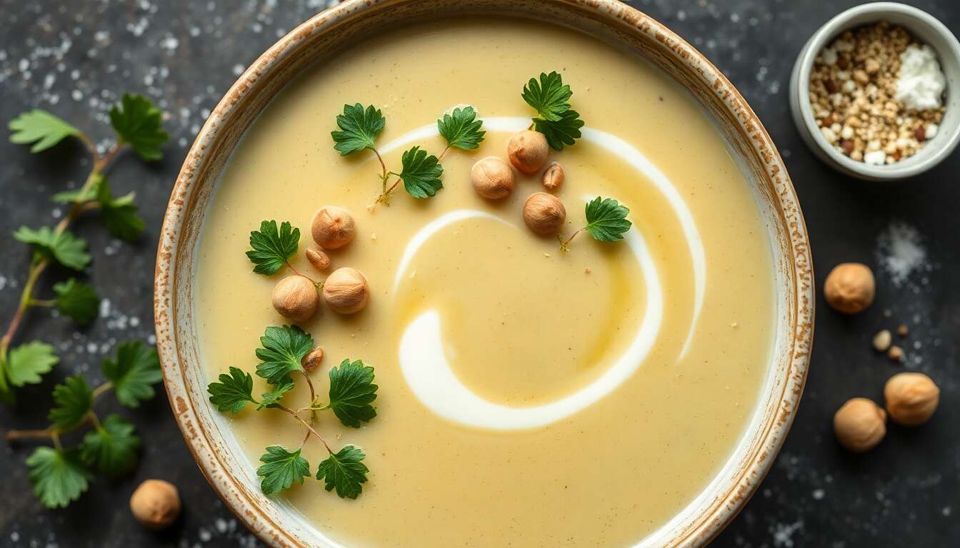 Potage à l'oseille et émulsion de noisettes : recette savoureuse