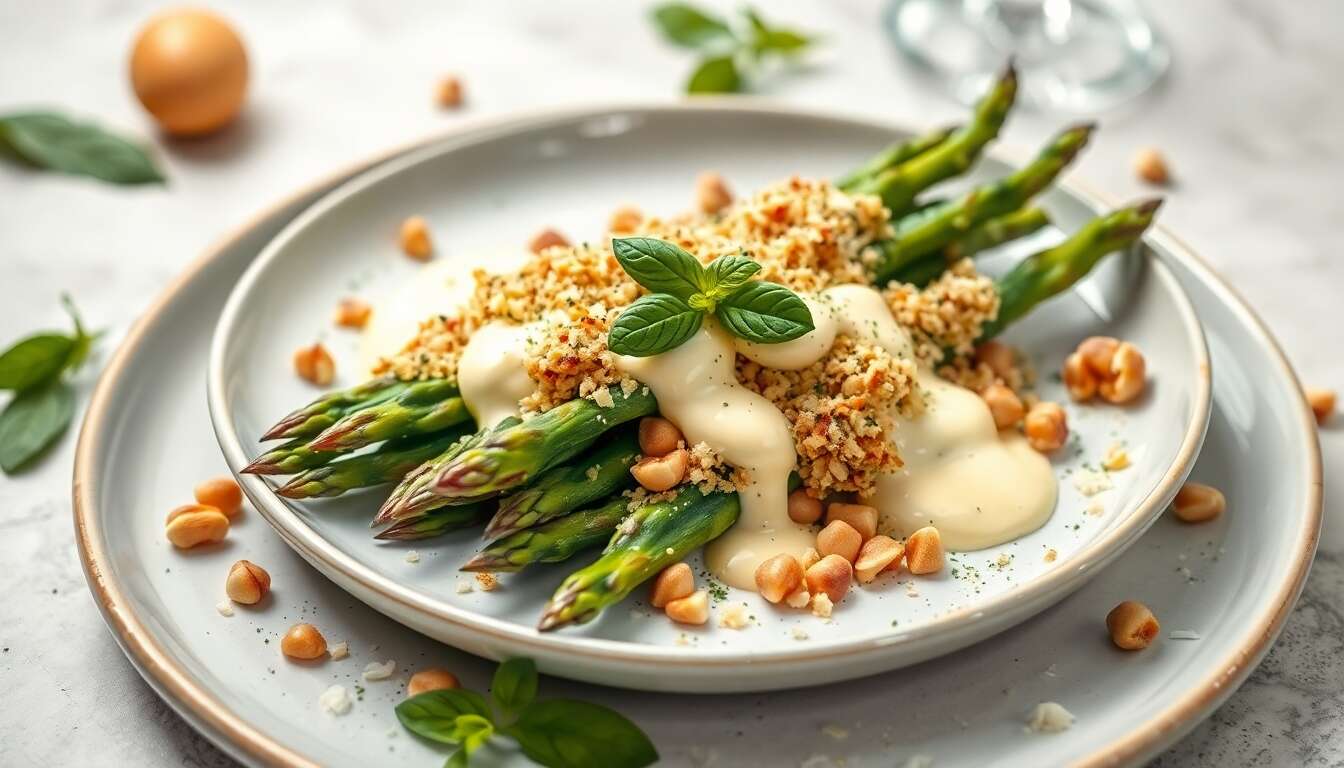 Asperges vertes gratinées : recette gourmande aux noisettes et sabayon de basilic
