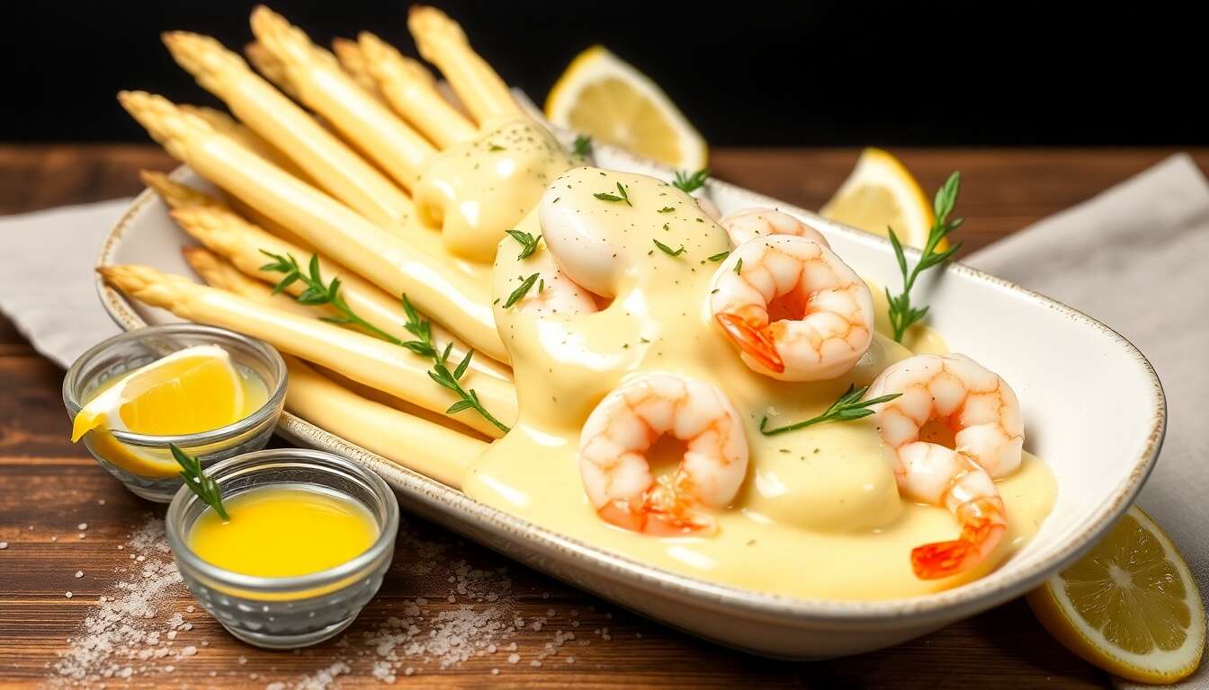 Recette d'asperges blanches à la sauce hollandaise et crevettes grises