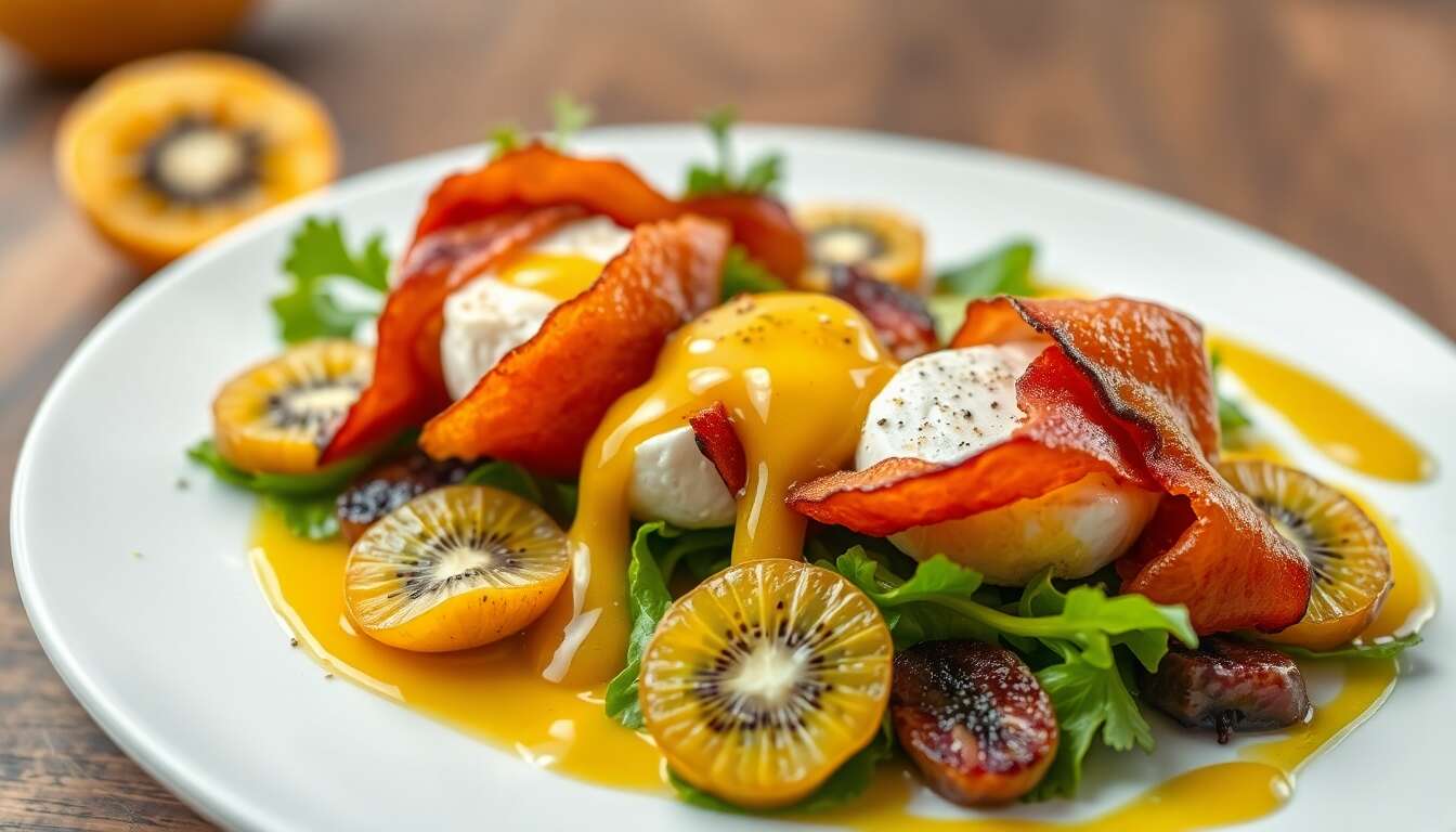 Chèvres Chauds Lardés : salade de Kiwi, artichaut et Coulis de Tomates Jaunes-Ananas