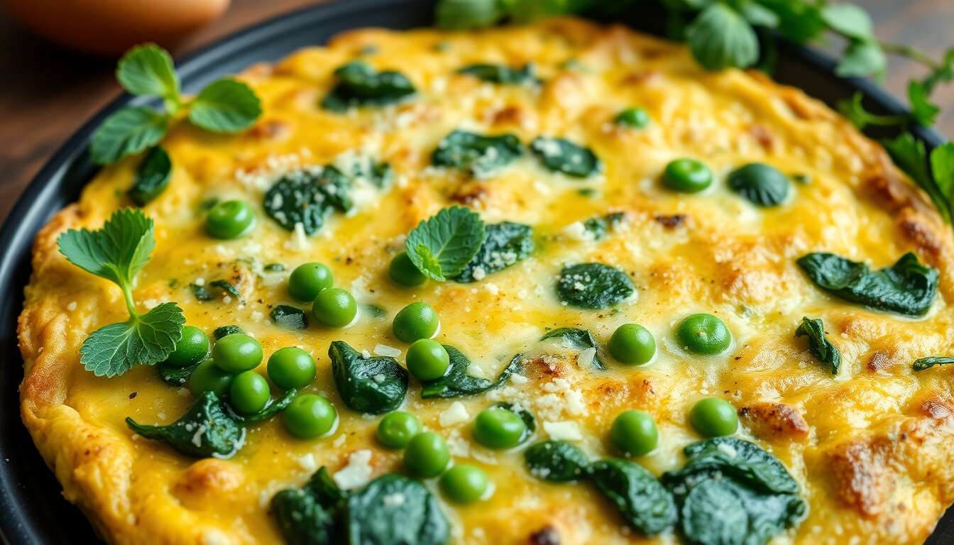 Frittata aux courgettes, petits pois et épinards à la menthe et coriandre
