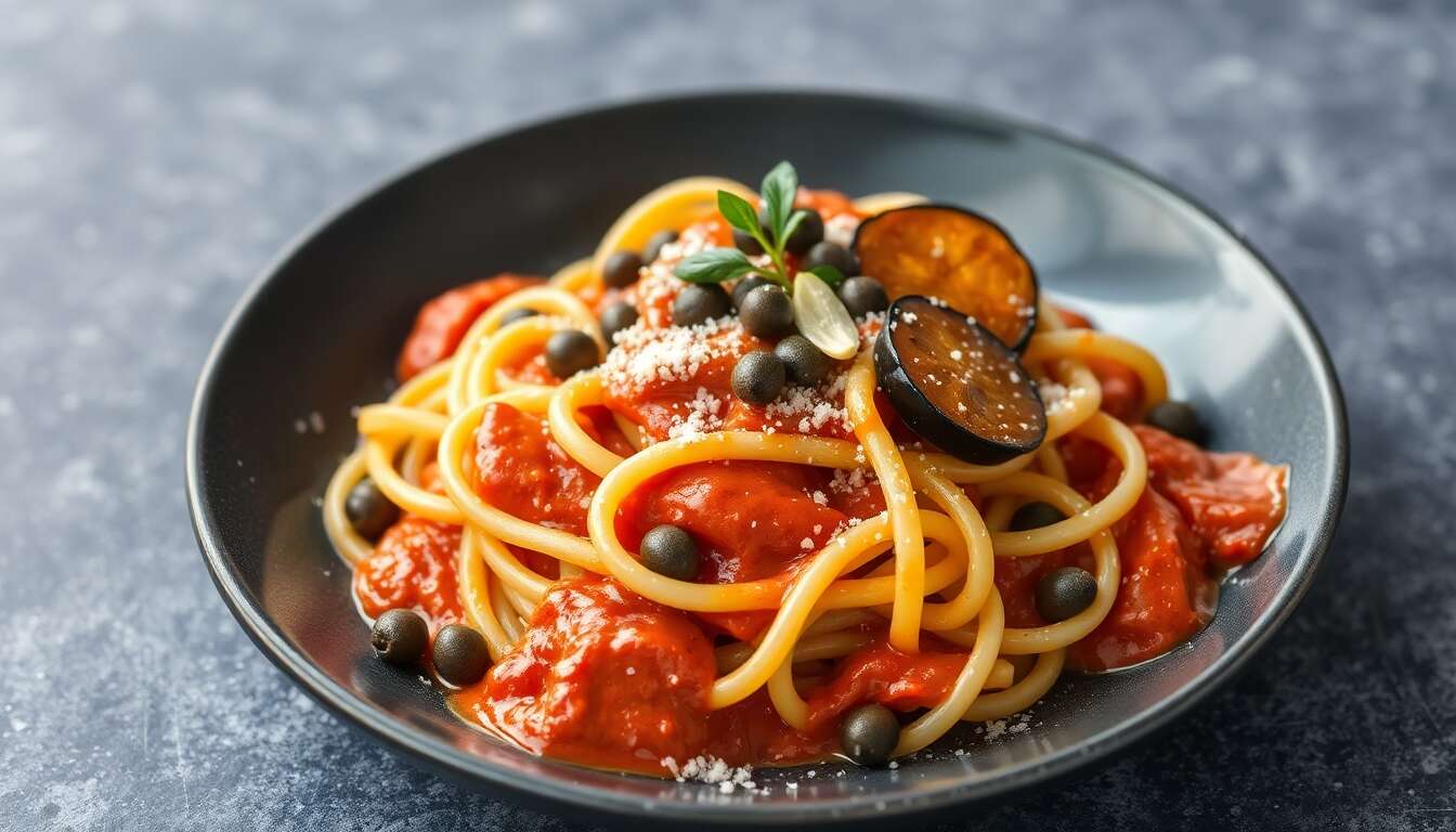Taglioni à la crème de poivrons, aubergines et câpres : recette gourmande