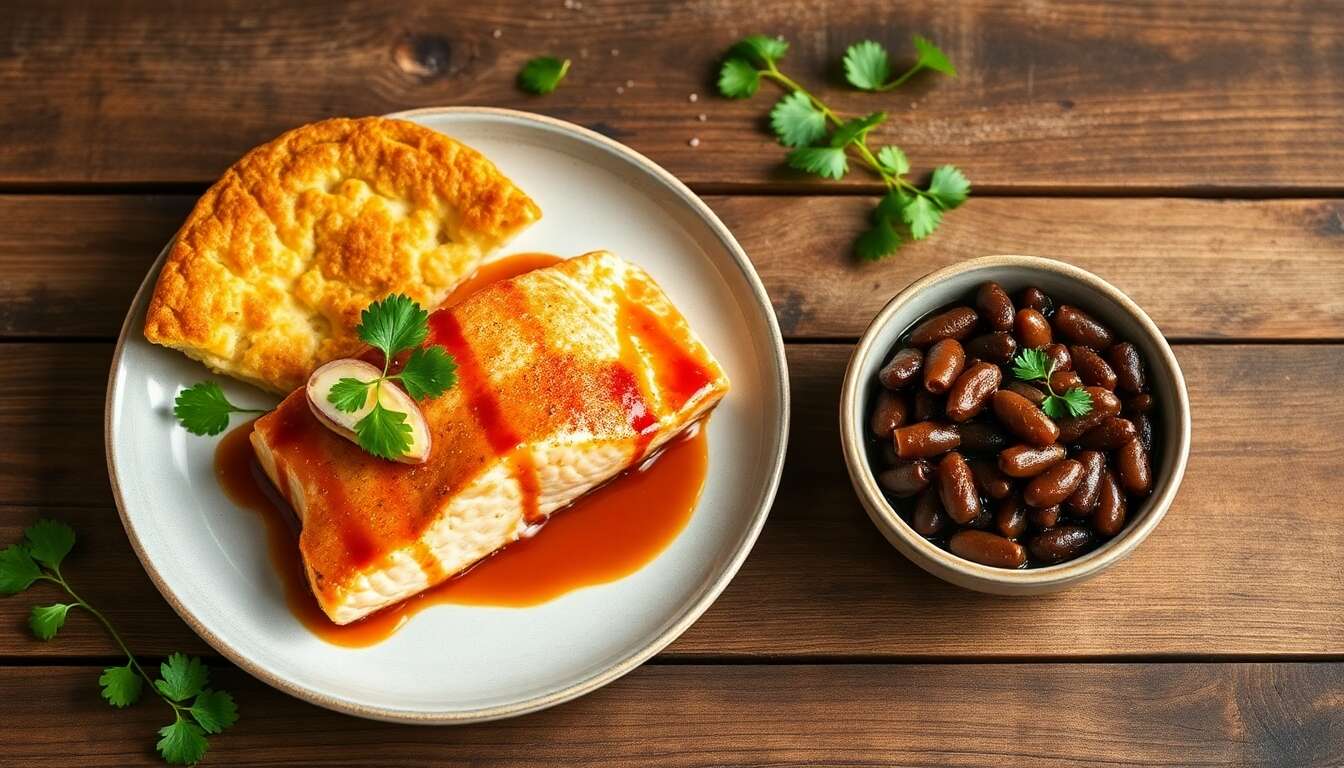 Saumon mariné au mirin et gingembre, galette de riz croustillant et sin carne d'haricots noirs