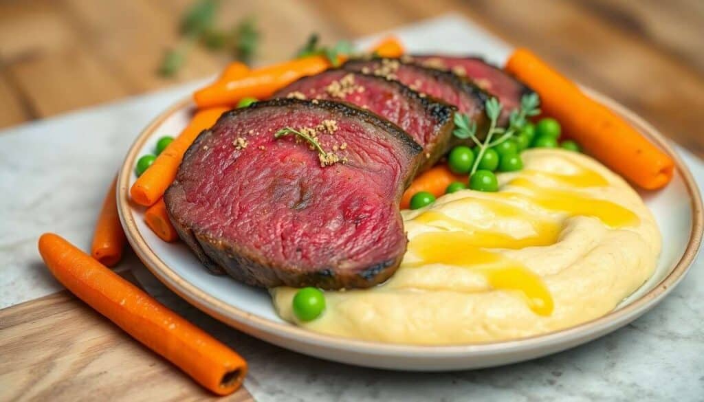 Filet pur rouge des Flandres, carottes et petits pois à l'estragon : recette de polenta crémeuse au cheddar