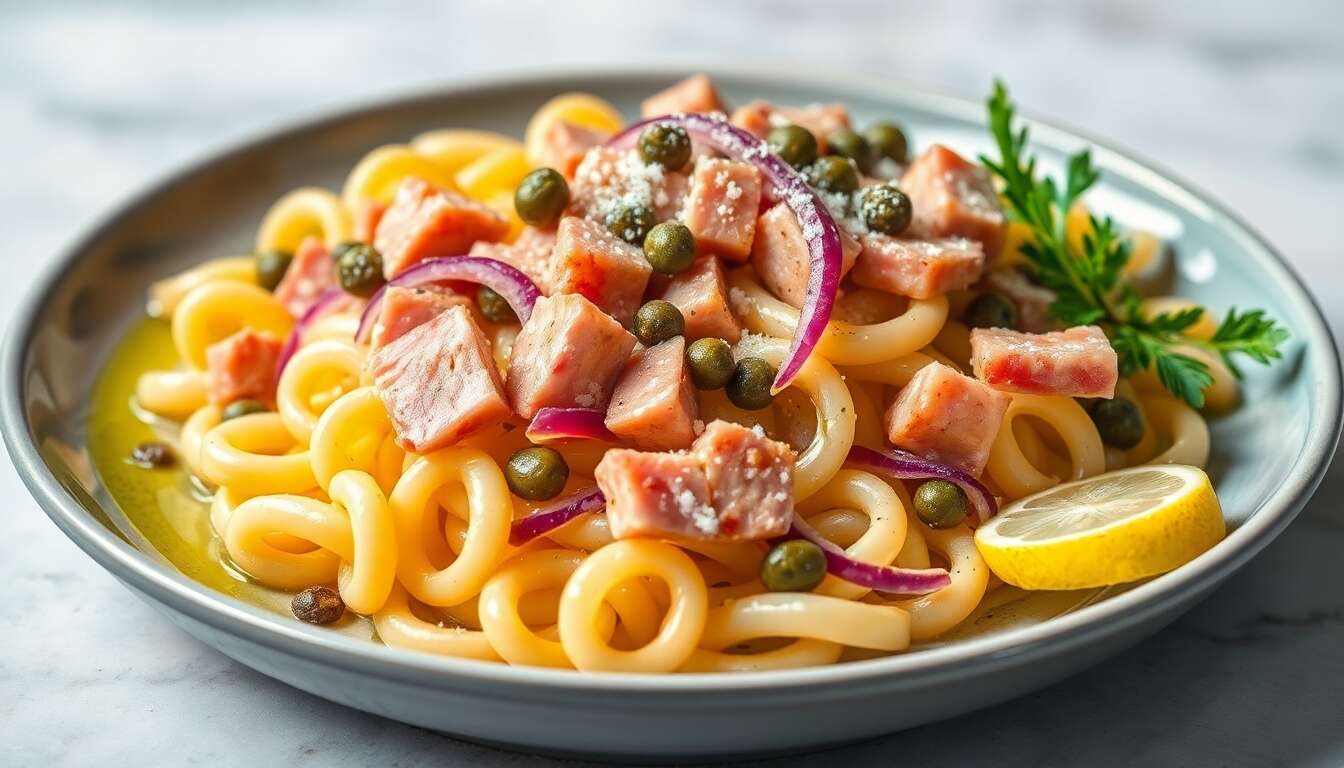 Pâtes au thon, oignons et câpres façon Simone Zanoni