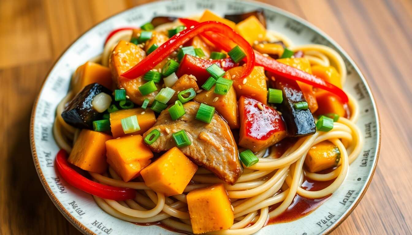 Délicieuse recette de nouilles udon teriyaki au poulet, potiron et légumes variés